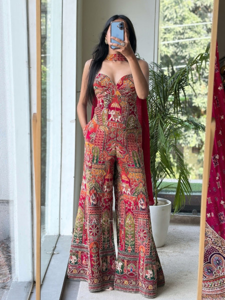 Banarasi Red Patchwork Flared Palazzo Set