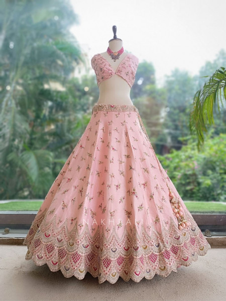 Crown Pink Raw Silk & Soft Net  Unstitched Lehenga