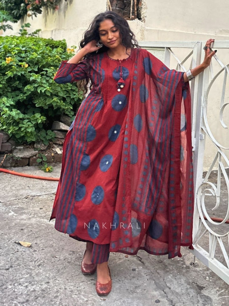 Dhaarna Maroon Cotton Suit Set with Printed Detail