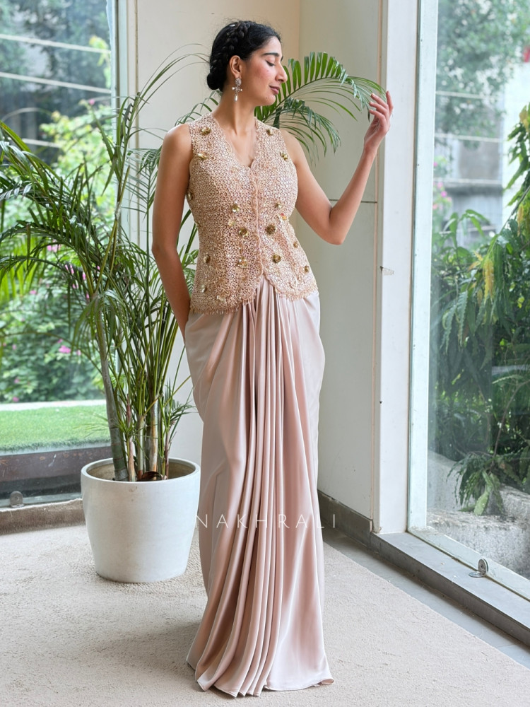 Image of Elixir Shimmer Cream Satin-Crepe &amp; Tulle Indo-Western Jacket Skirt Set
