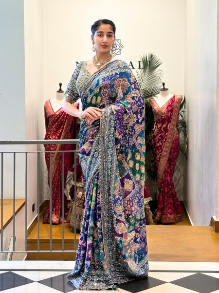 Tamaswini Blue Crepe Saree with Stone, Zari & Sequin Work