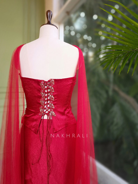 Zarina Maroon Satin Crop Top Skirt Set with Embroidered Detailing