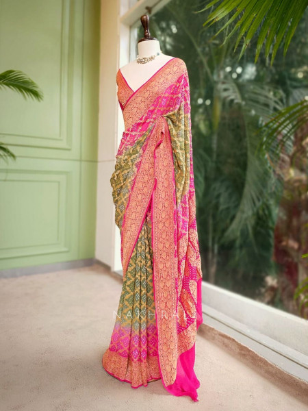 Ranjhimeen Green Khaddi Georgette Bandhani Saree with Zari Border