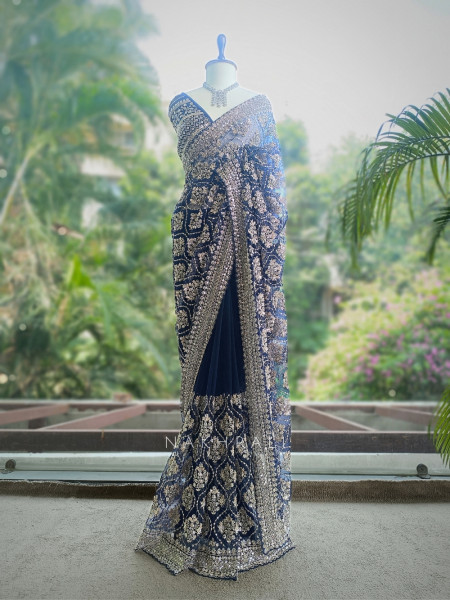Tarangini Blue Net Saree With Cutdana and Sequin Work