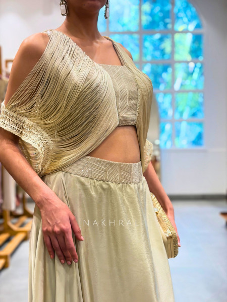 Serina Beige  Indo-Western Lehenga Set with Fringe Cape