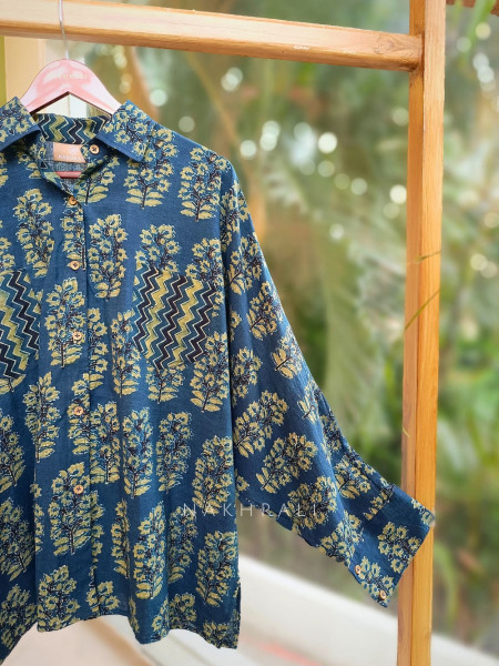 Banjara Blue Cotton Oversized Shirt with Tree Motif & Chevron Pocket