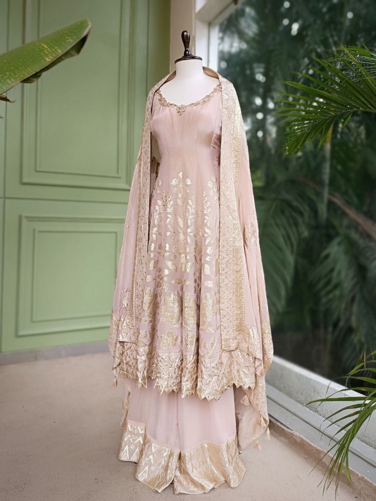 Image of Aashima Peach Banarasi Anarkali Palazzo Set