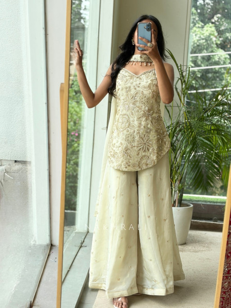 Mrinmayi Cream Georgette Palazzo Suit Set