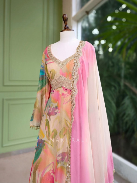 Aaravi Pastel Floral Tissue Anarkali Set with Ombre Dupatta