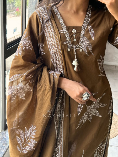 Mrittika Brown Printed Suit Set with Dupatta