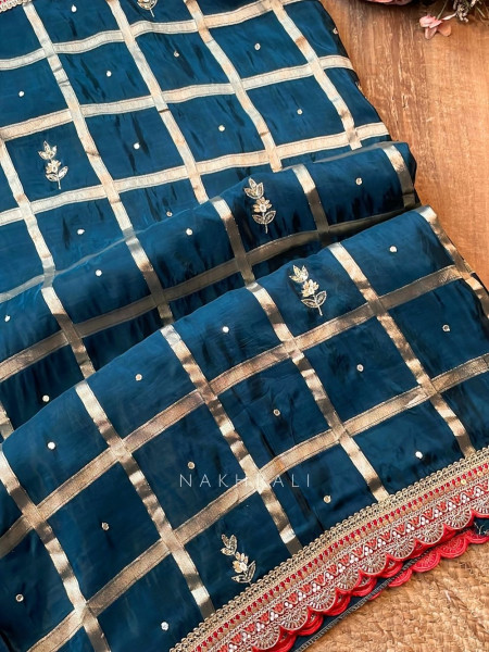 Koshira Teal Blue Pure Dola Silk Saree WIth Gotta Patti, Resham & Scalloped Zari Border