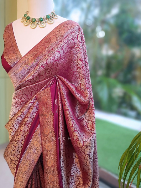 Noor-e-Kashi Katan Silk Wine Saree With Banarasi Zari Brocade Weave