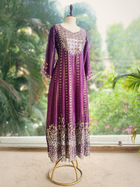 Tanira Purple Mirror Work Anarkali Set with Embroidered Dupatta