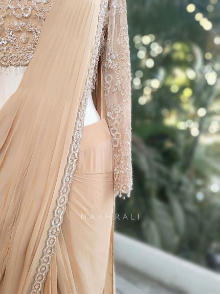 Taupe Allure Brown Drape Saree with Sequin Cut Dana Blouse