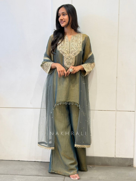 Anchal Olive Green Suit Set with Mirror Pearl Embroidery
