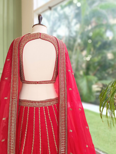 Afreen-Bagh Red Raw Silk or Satin-Georgette Bridal Lehenga