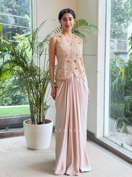 Elixir Shimmer Cream Satin-Crepe & Tulle Indo-Western Jacket Skirt Set