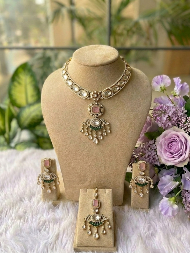 Image of Kamalrekha Pink Necklace Set With Stone-Studded Drop Detailing
