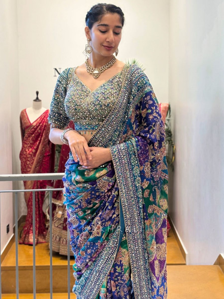 Tamaswini Blue Crepe Saree with Stone, Zari & Sequin Work