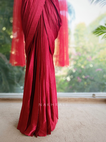 Zarina Maroon Satin Crop Top Skirt Set with Embroidered Detailing