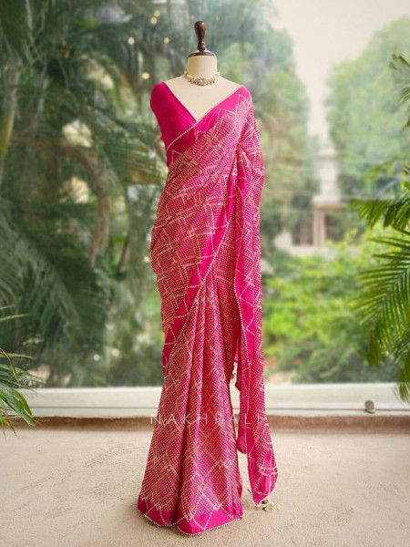 Rimaya Rani Pink Bandhani Saree with Gota Border