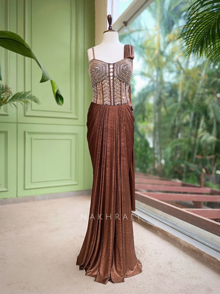 Image of Sohvi Brown Drape Gown with Bead, Sequin, Cut Dana and Mirror Work