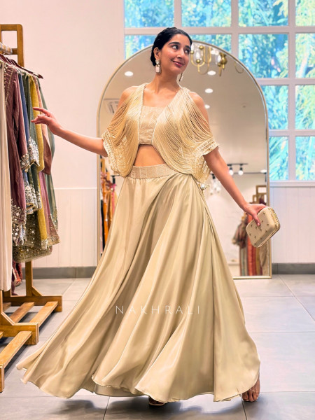 Serina Beige  Indo-Western Lehenga Set with Fringe Cape