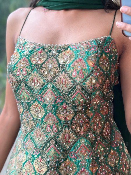 Heera Bottle Green Banarasi Brocade & Crushed Georgette Palazzo Suit Set