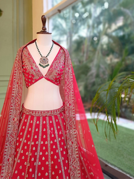 Kimkhab Red Gajji Silk Unstitched Bridal Lehenga