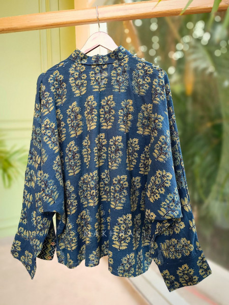 Banjara Blue Cotton Oversized Shirt with Tree Motif & Chevron Pocket