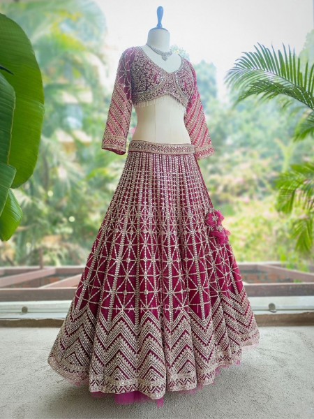 Kaira Wine Mirror Work Silk Lehenga