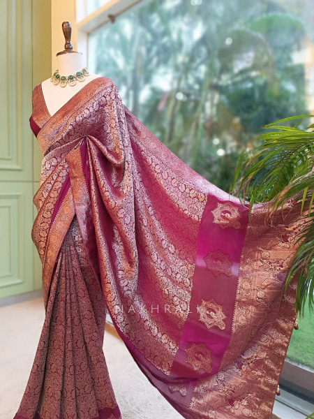 Noor-e-Kashi Katan Silk Wine Saree With Banarasi Zari Brocade Weave