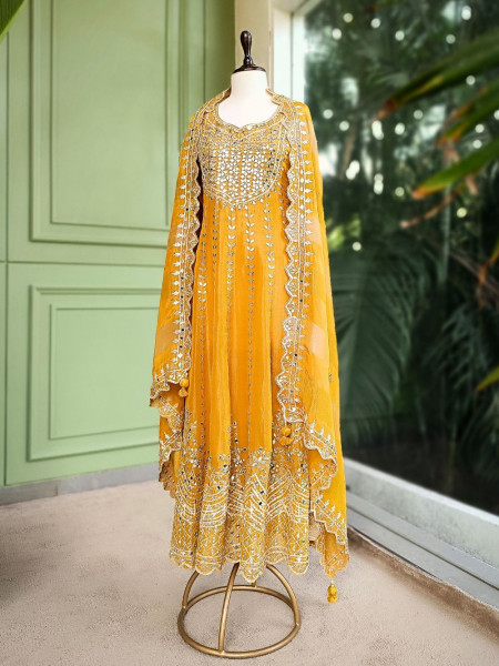 Tanira Mustard Mirror Work Anarkali Set with Embroidered Dupatta