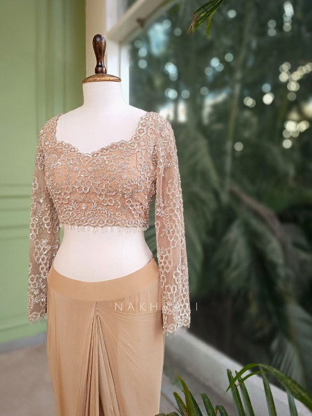 Taupe Allure Brown Drape Saree with Sequin Cut Dana Blouse