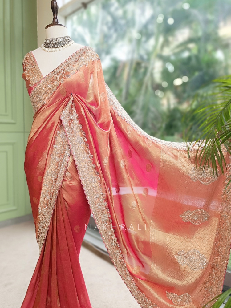 Image of Trivana  Onion Pink Gold Brocade Saree with Cut Dana and Sequin Work