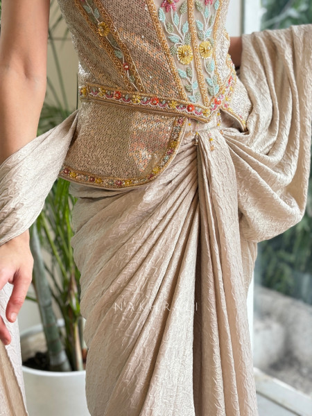 Corvessa Cream Georgette-Satin Blend Pre-Draped Saree With Floral Embroidered Corset