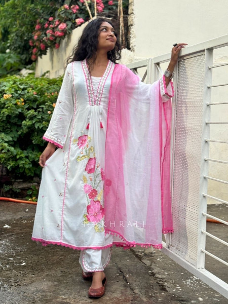 Saanvi White Pink Cotton Suit Set with Floral Embroidery