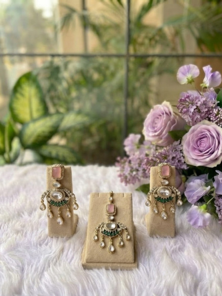Kamalrekha Pink Necklace Set With Stone-Studded Drop Detailing