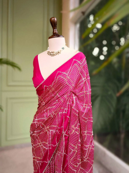 Rimaya Rani Pink Bandhani Saree with Gota Border