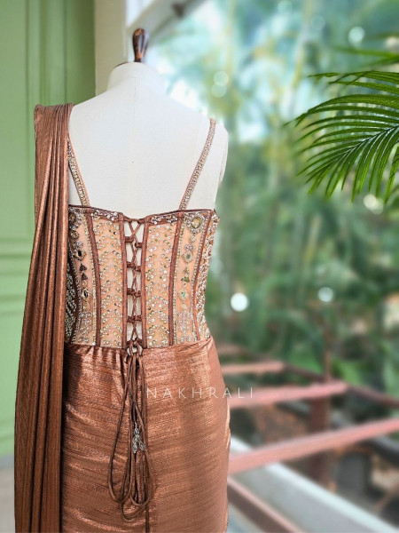 Sohvi Brown Drape Gown with Bead, Sequin, Cut Dana and Mirror Work