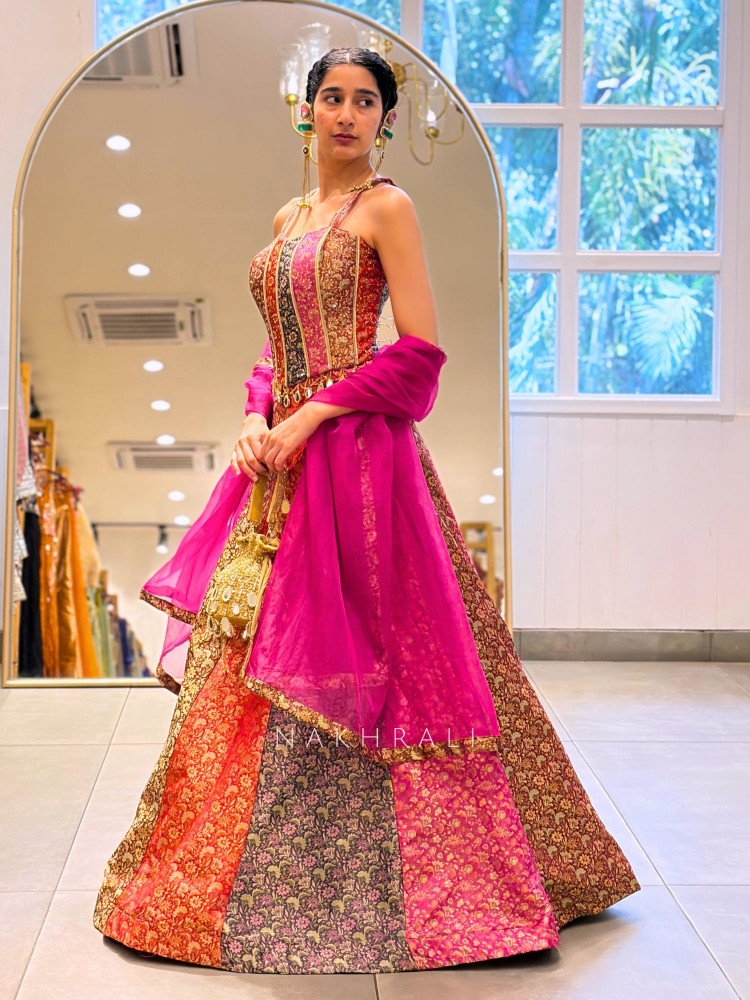 Image of Rosmira Multicolor Brocade Corset Lehenga with Zari Sequin Work