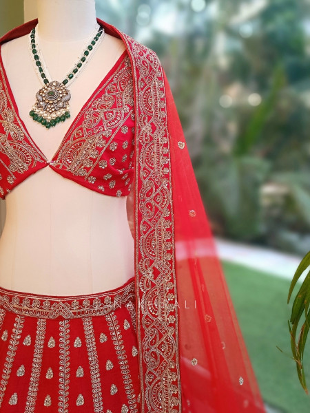 Kimkhab Red Gajji Silk Unstitched Bridal Lehenga