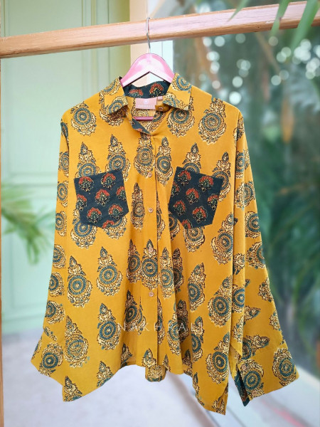 Banjara Mustard Cotton Oversized Shirt with Mandala Block Print