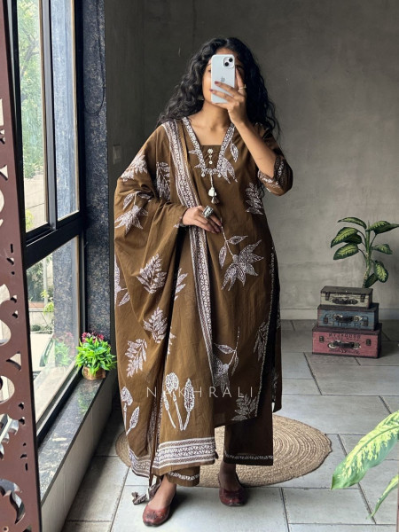 Mrittika Brown Printed Suit Set with Dupatta