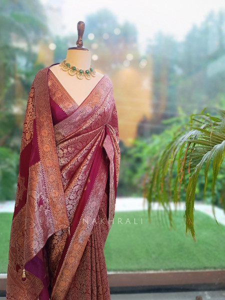 Noor-e-Kashi Katan Silk Wine Saree With Banarasi Zari Brocade Weave