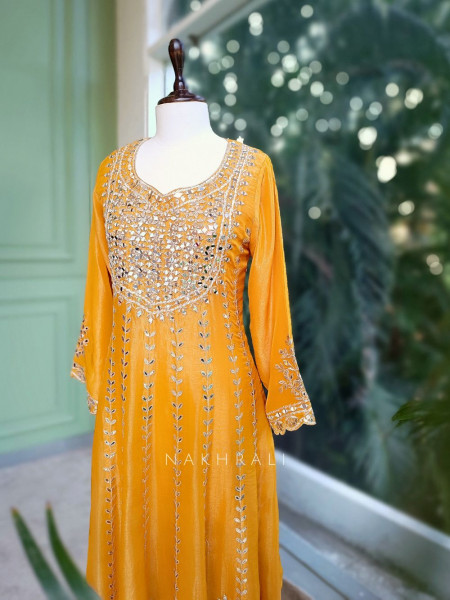 Tanira Mustard Mirror Work Anarkali Set with Embroidered Dupatta