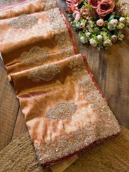 Trivana  Onion Pink Gold Brocade Saree with Cut Dana and Sequin Work