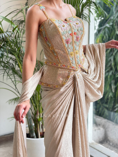 Corvessa Cream Georgette-Satin Blend Pre-Draped Saree With Floral Embroidered Corset