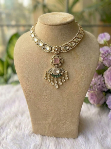 Kamalrekha Pink Necklace Set With Stone-Studded Drop Detailing