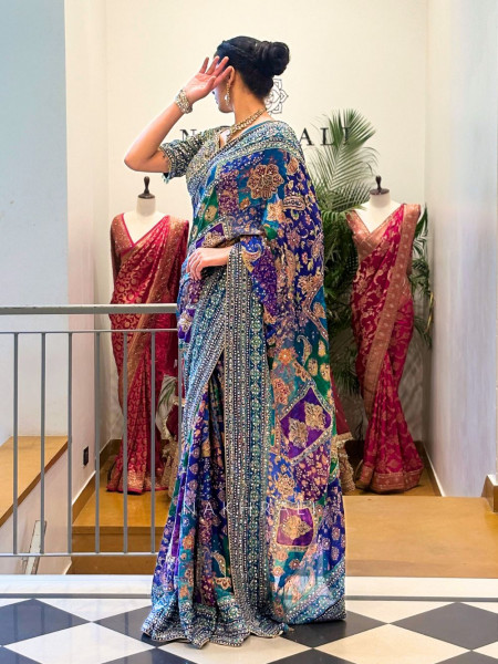 Tamaswini Blue Crepe Saree with Stone, Zari & Sequin Work